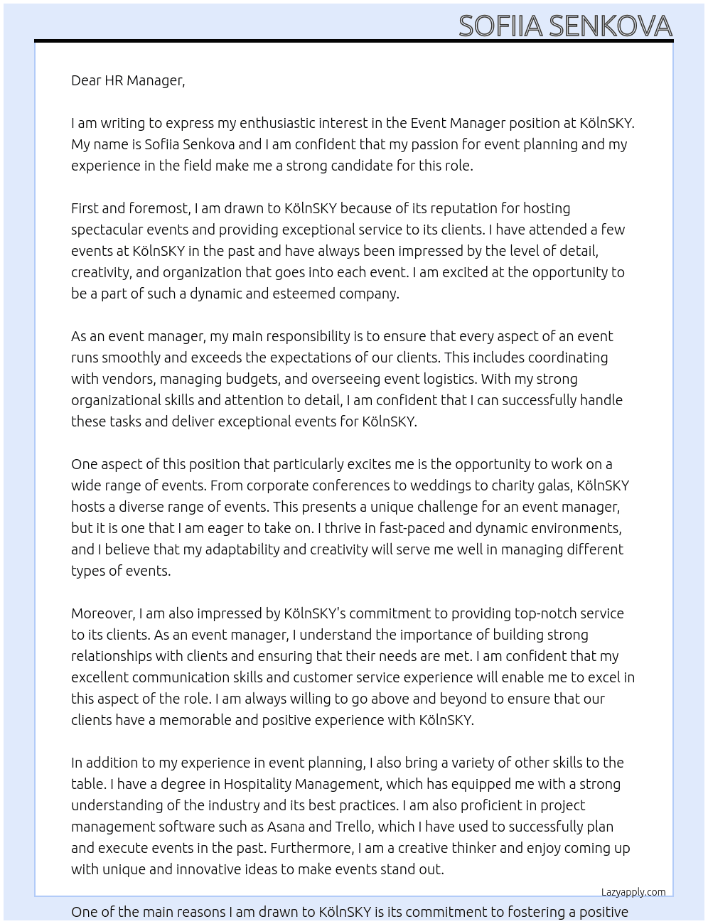 Eventmanager  At KölnSKY Cover Letter
