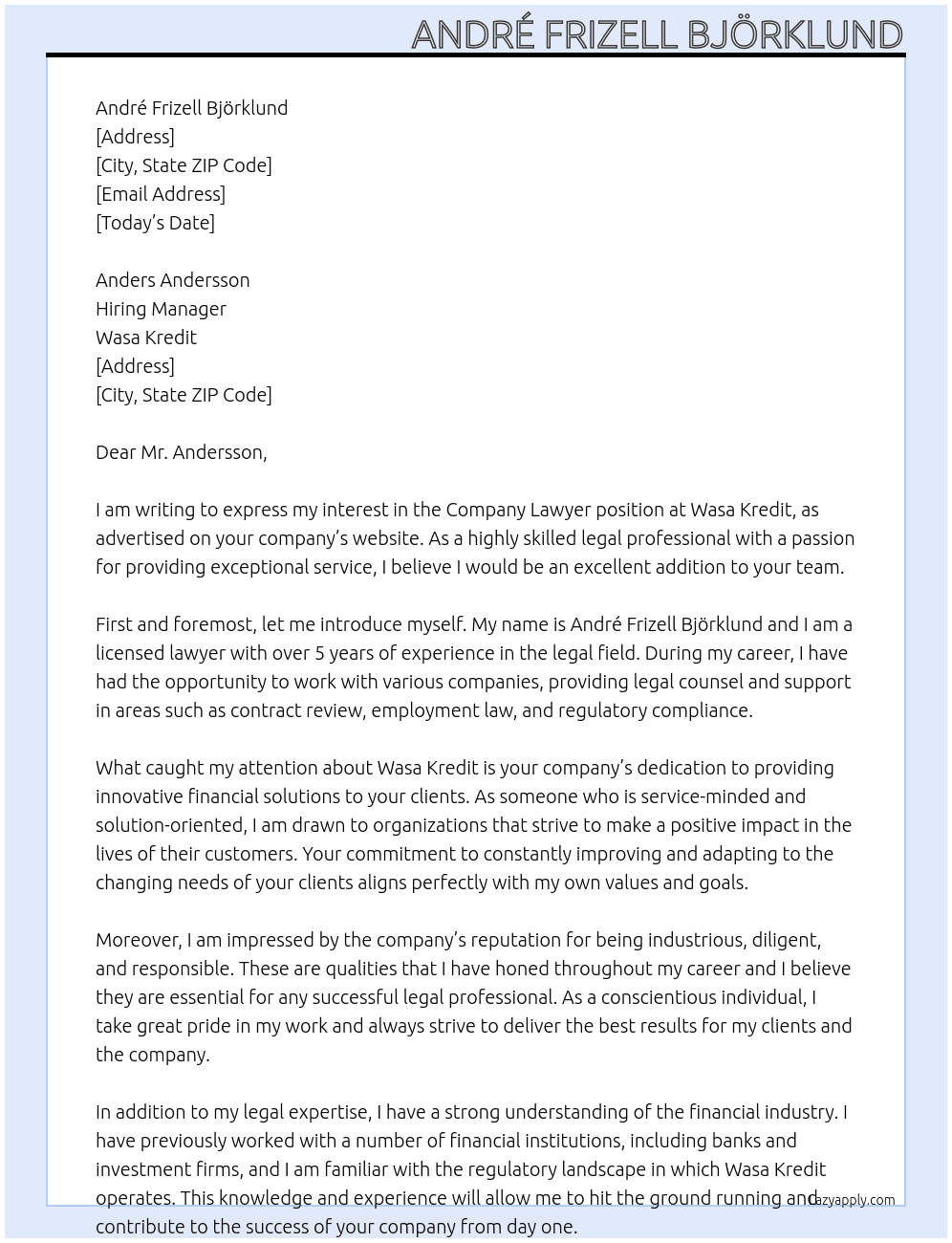 Company Lawyer At Wasa Kredit Cover Letter