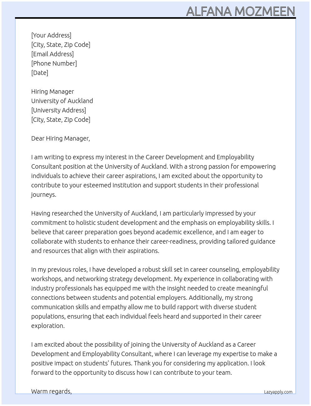 Career Development and Employability Consultant At University of Auckland Cover Letter