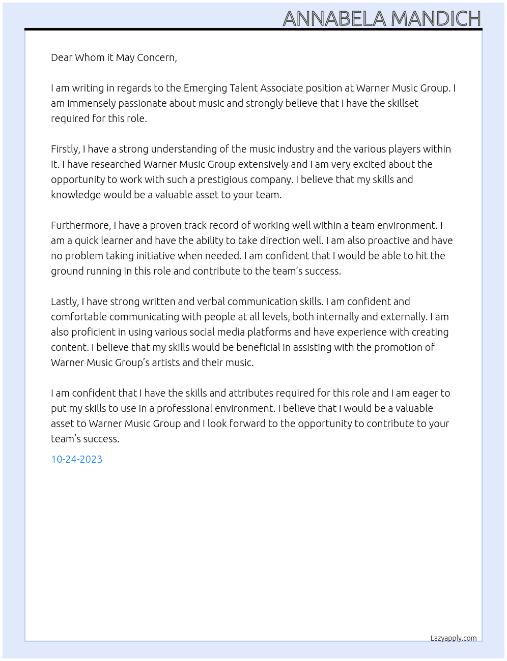 Emerging Talent Associate  At Warner Music Group Cover Letter
