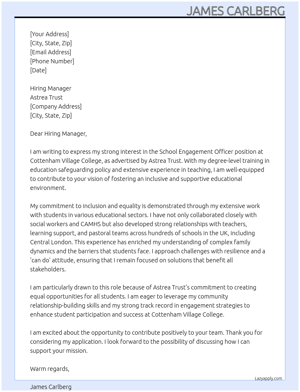 School Engagement Officer At Astrea Trust Cover Letter