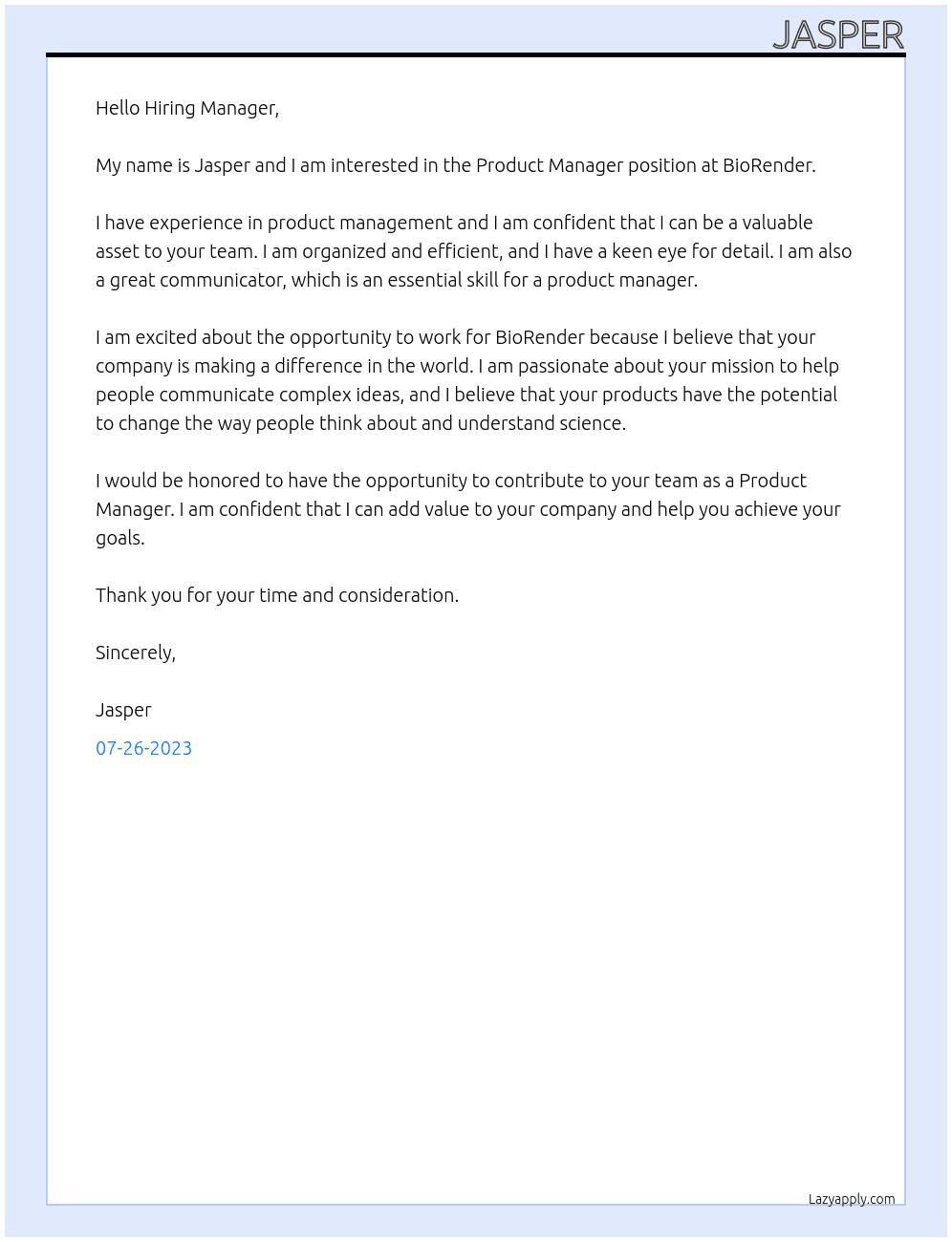 Product manager At BioRender Cover Letter