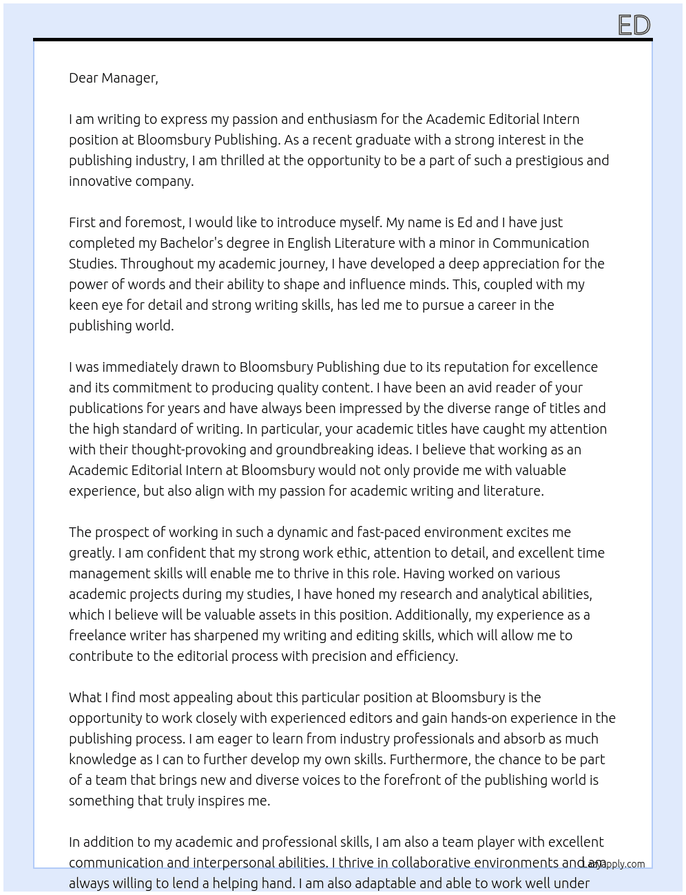 Academic Editorial Intern At Bloomsbury Publishing Cover Letter