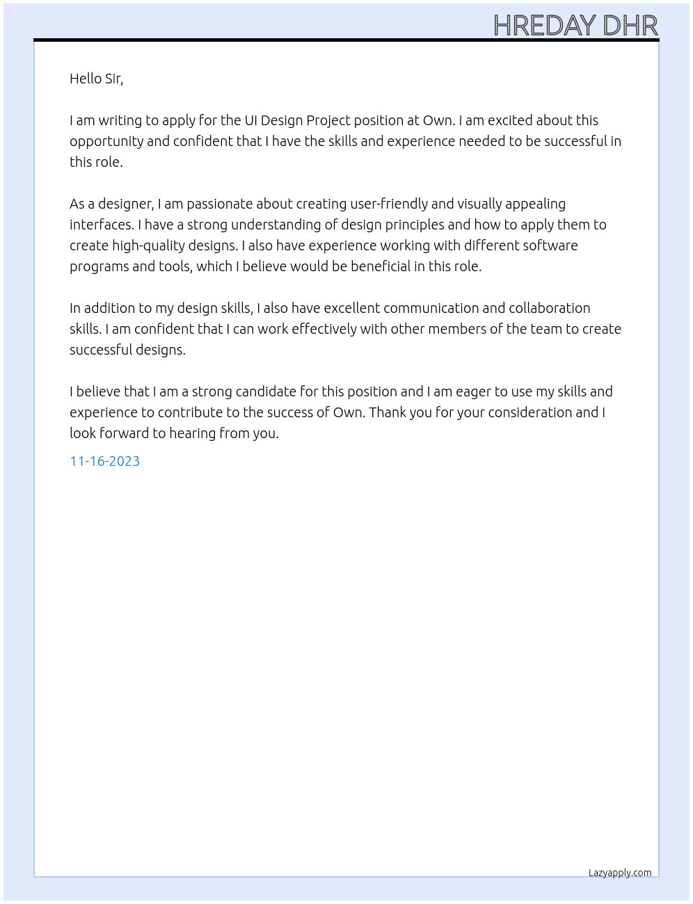 UI Design Project At Own Cover Letter