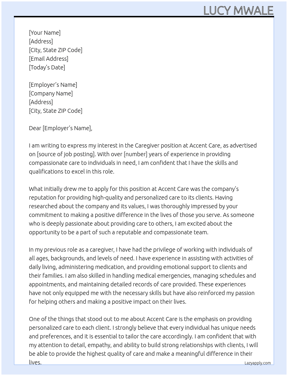 Caregiver At Accent Care Cover Letter