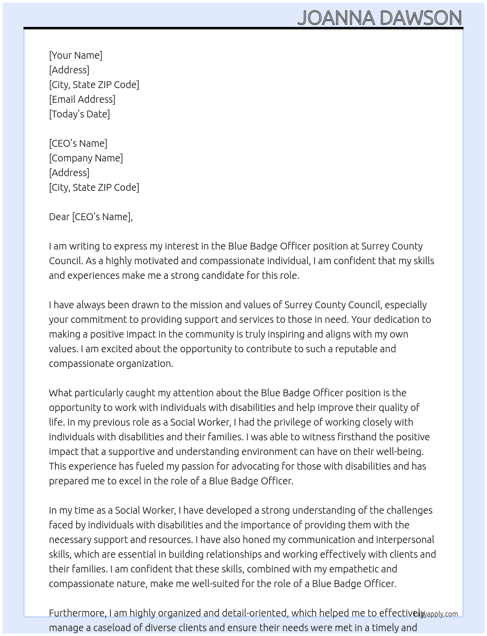 Blue Badge Officer  At Surrey County Council Cover Letter