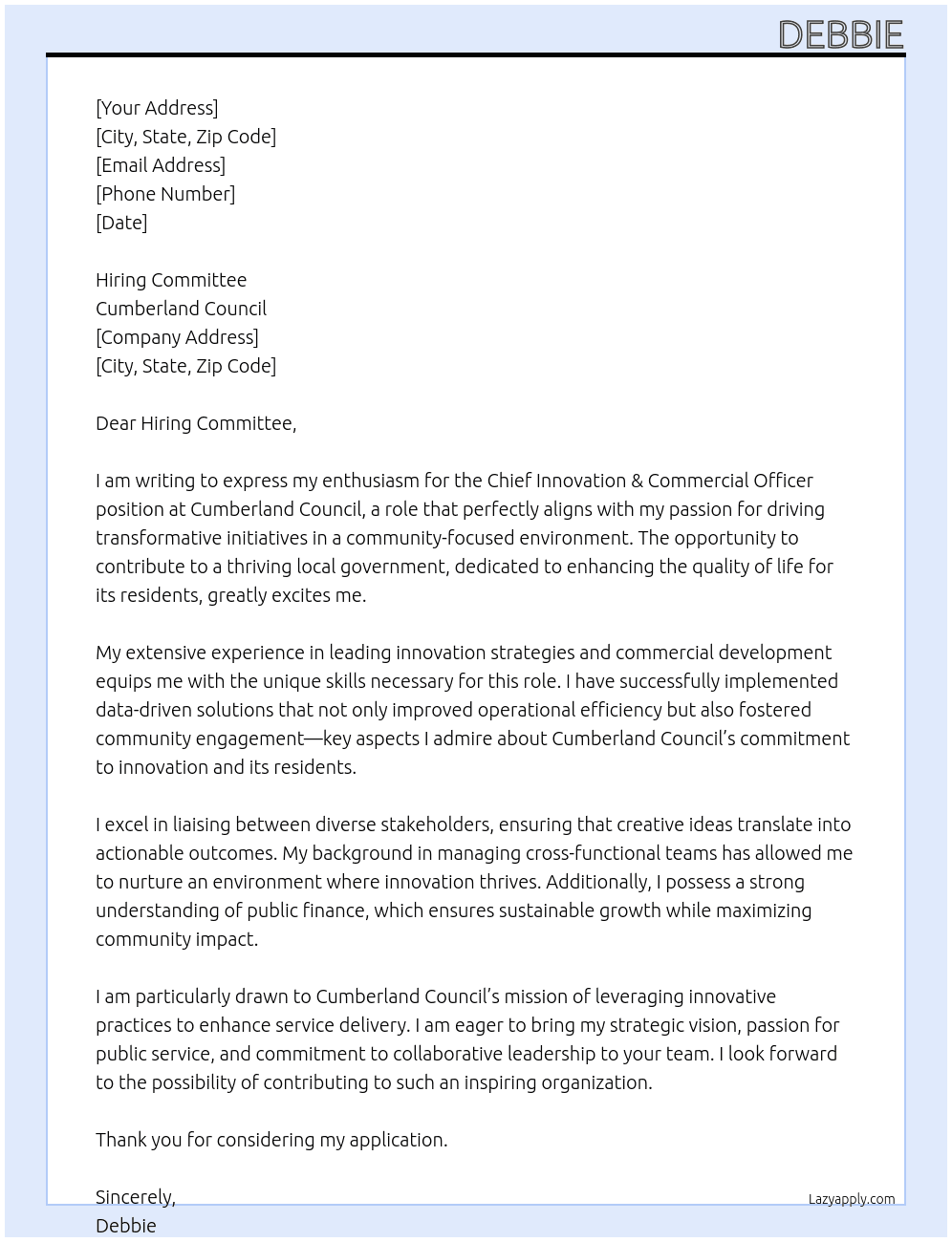 chief innovation & commercial officer At Cumberland council Cover Letter
