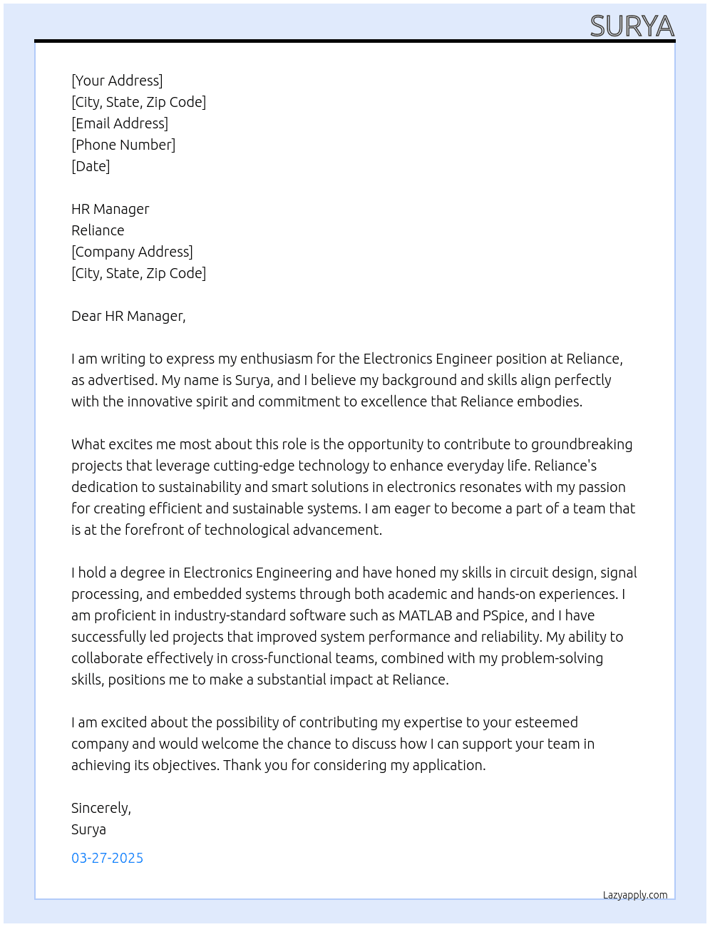 electronics engineer  At reliance Cover Letter