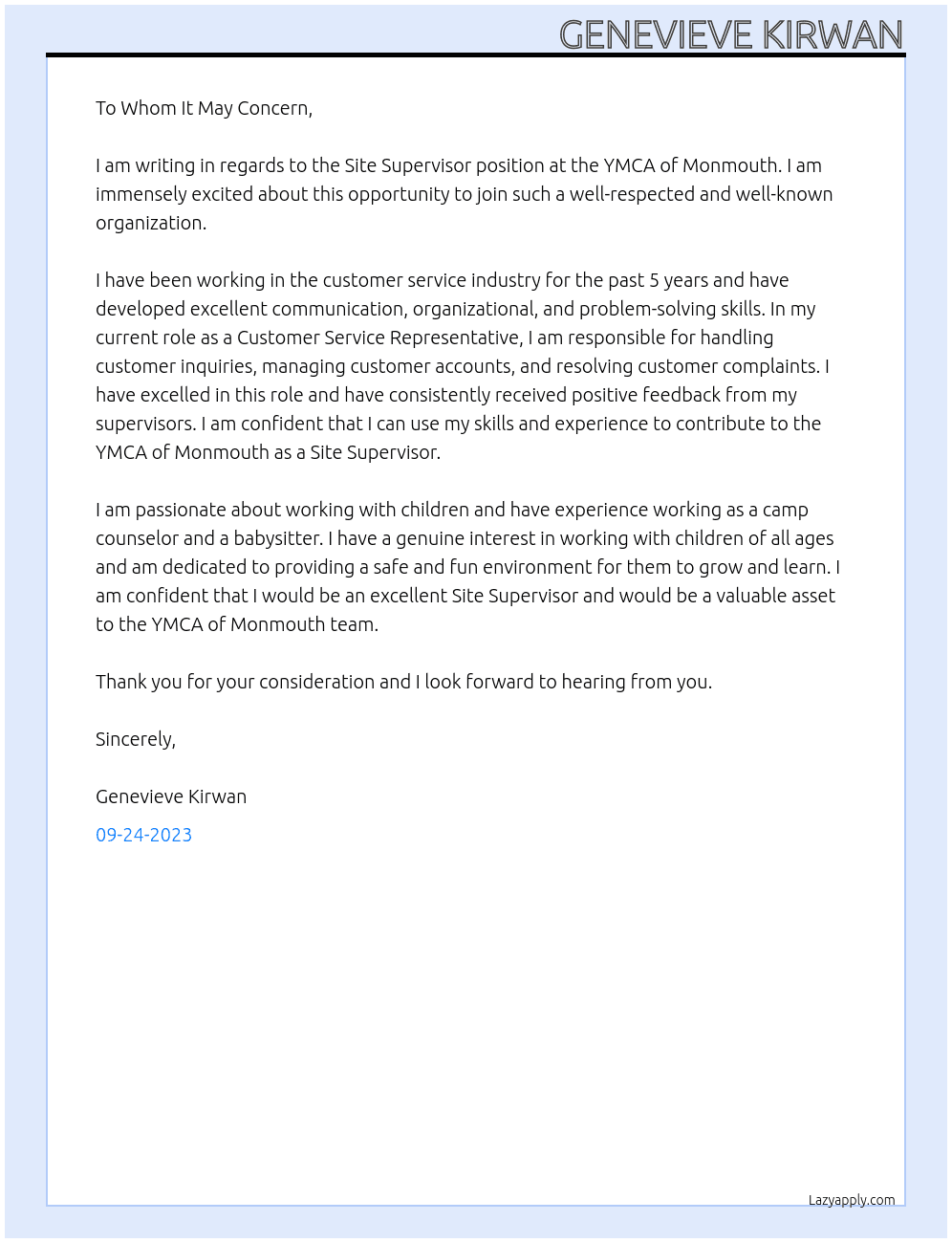 Site supervisor  At Site supervisor ymca Cover Letter