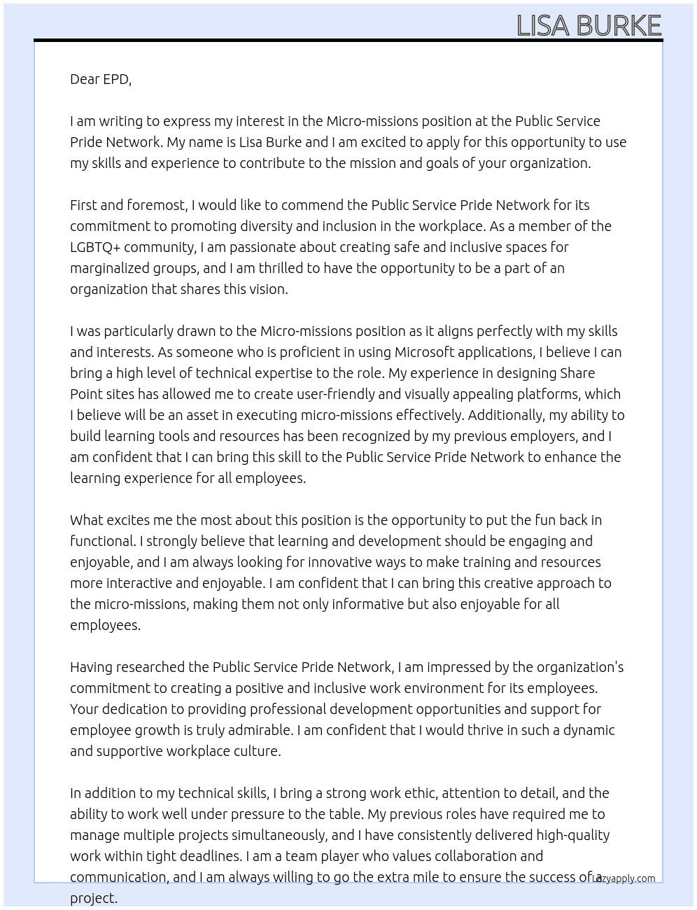 Micro-missions At Public Service Pride Network Cover Letter