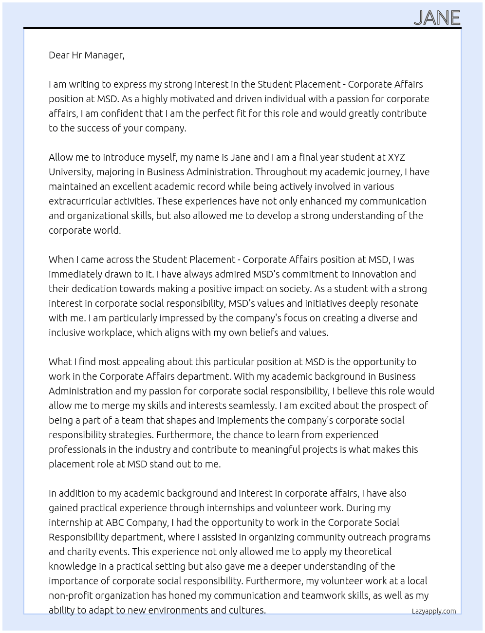 Student Placement - Corporate Affairs At MSD Cover Letter