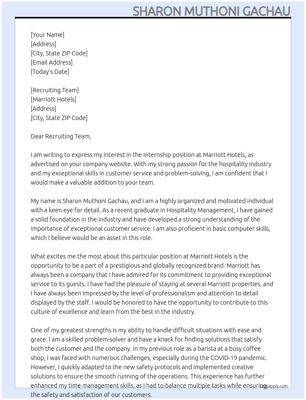 Internship  At Marriott hotels  Cover Letter