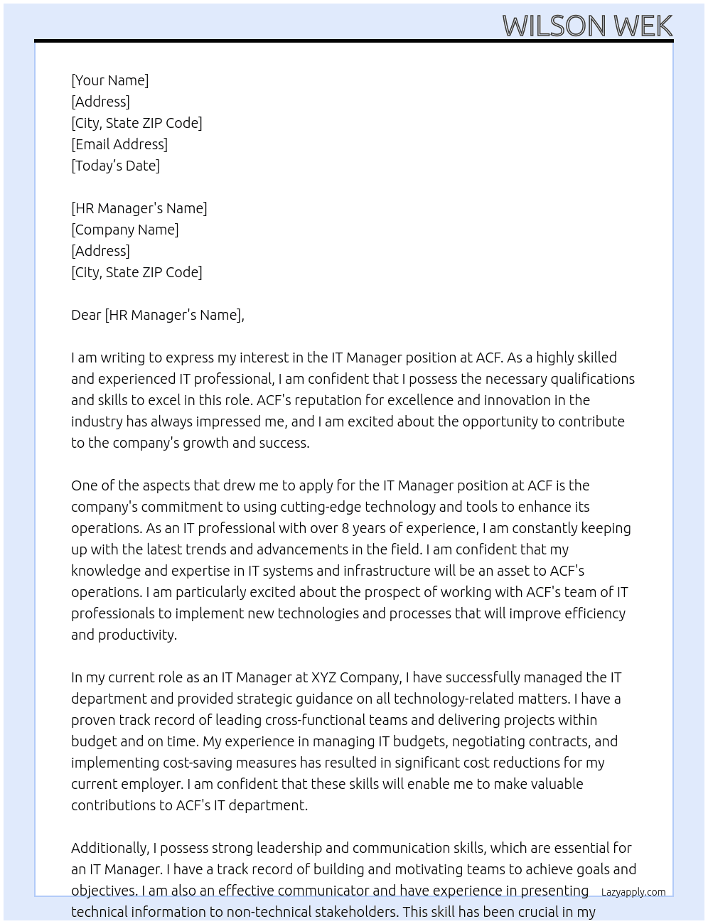 IT manager  At ACF Cover Letter