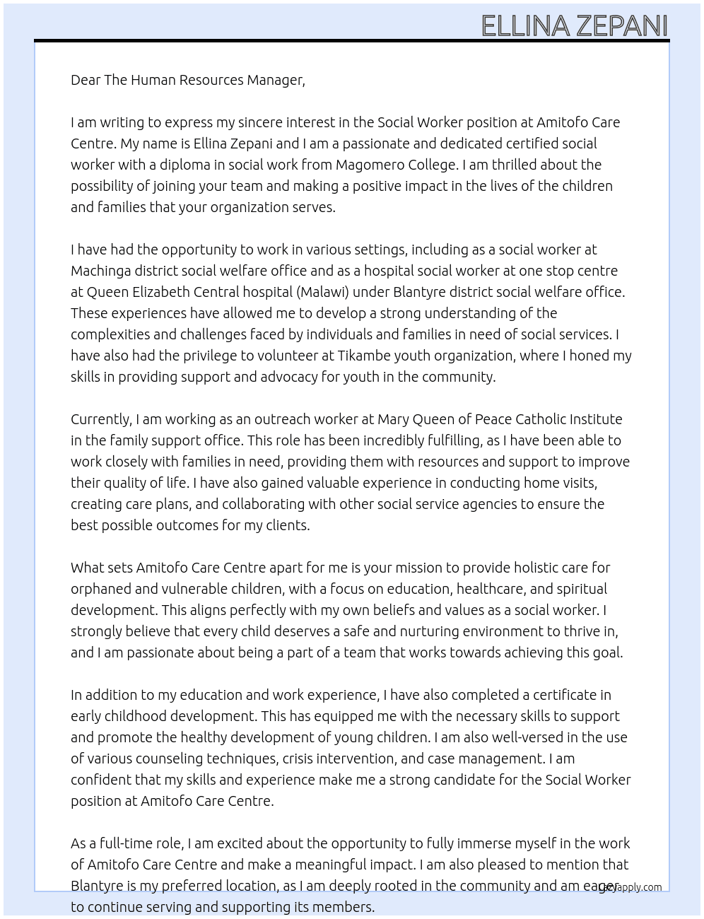Social Worker At Amitofo Care Centre Cover Letter