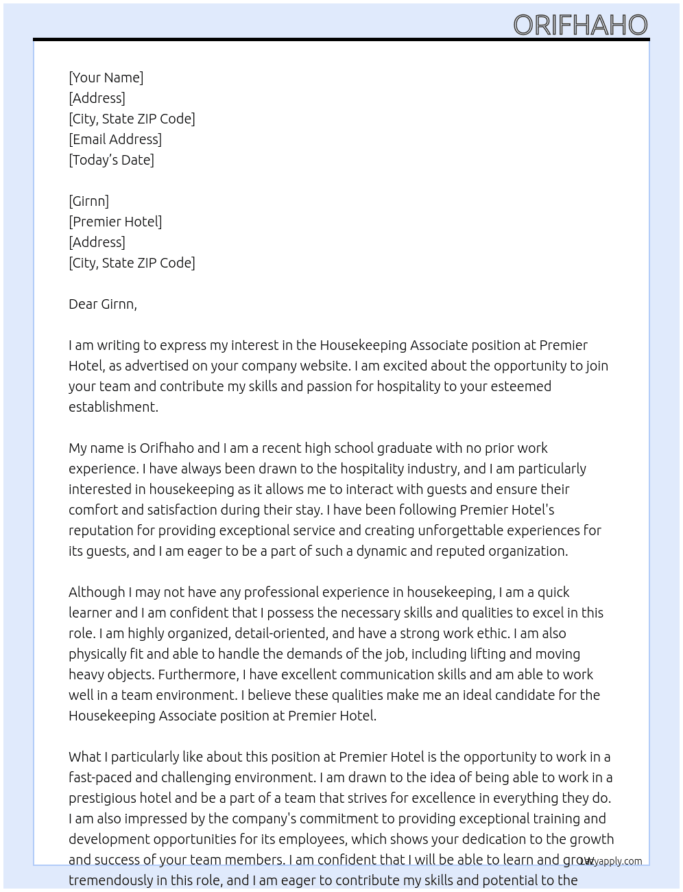 Housekeeping associate  At Premier hotel  Cover Letter