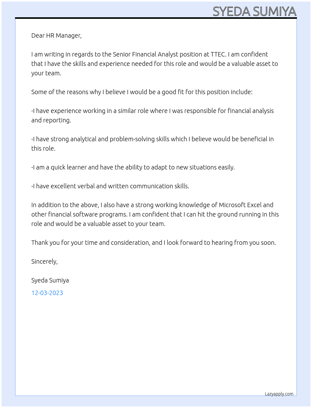  Senior Financial Analyst At TTEC Cover Letter