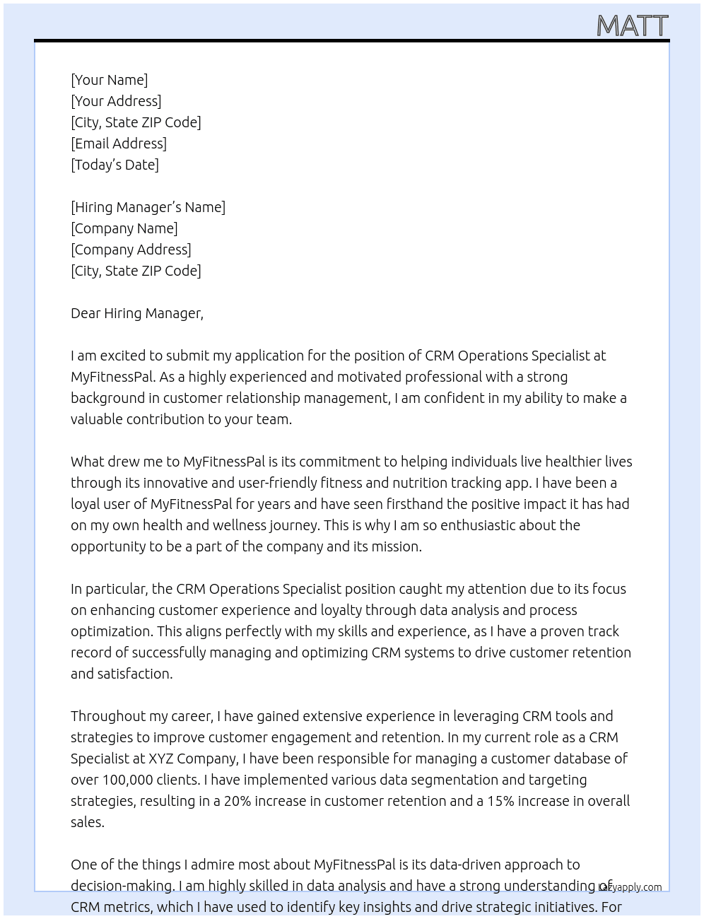 CRM Operations Specialist At MyFitnessPal Cover Letter