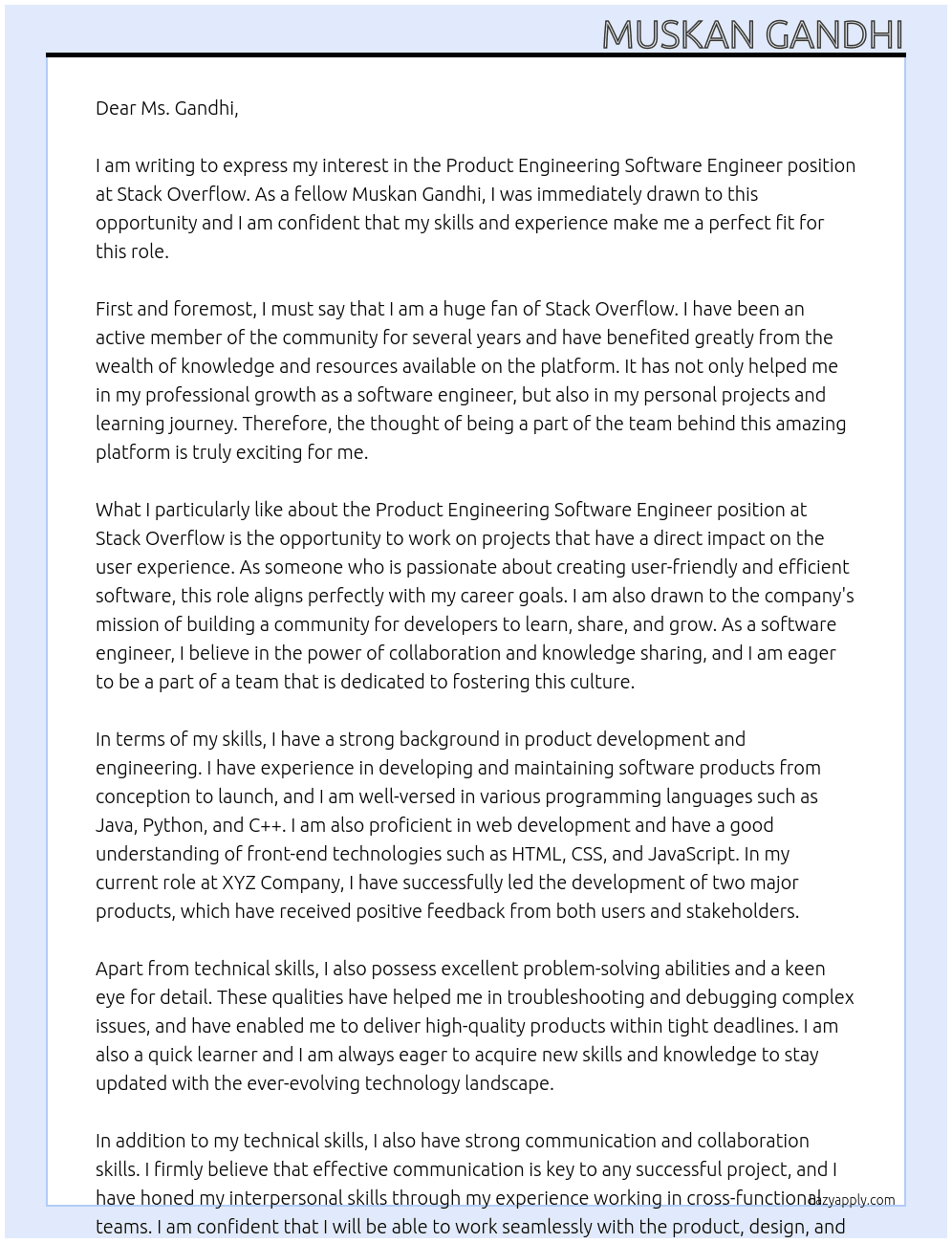 Cover letter for product engineering software engineer - LazyApply