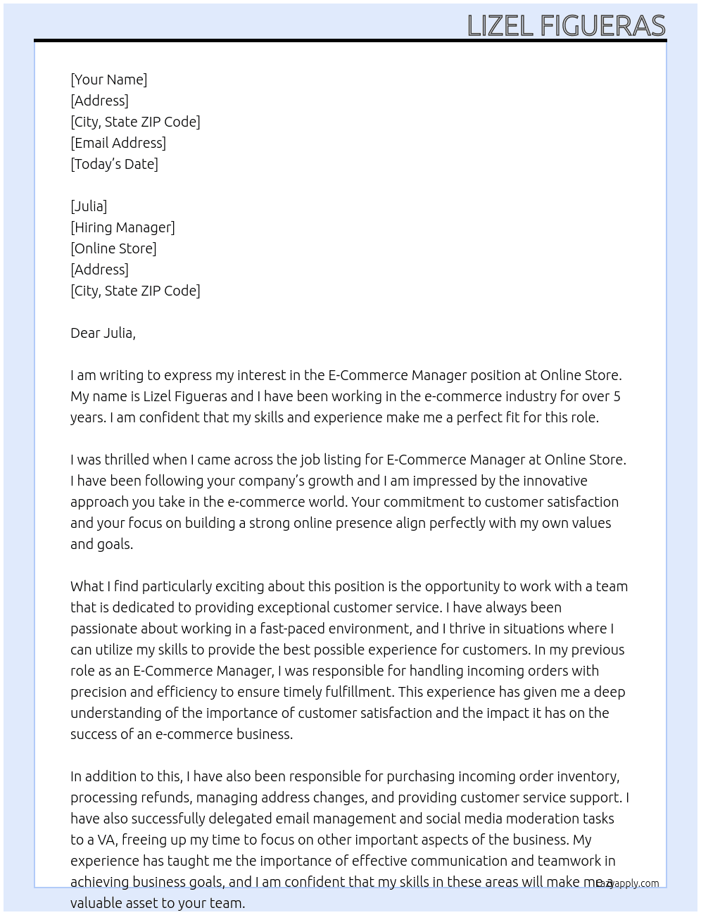 E-Commerce Manager At Online Store Cover Letter