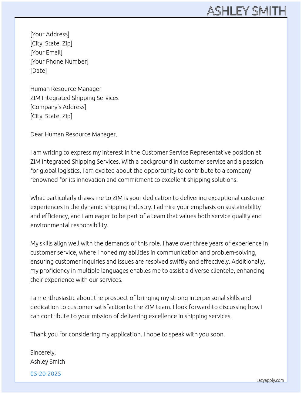 Customer service representative  At ZIM Integrated Shipping Services Cover Letter