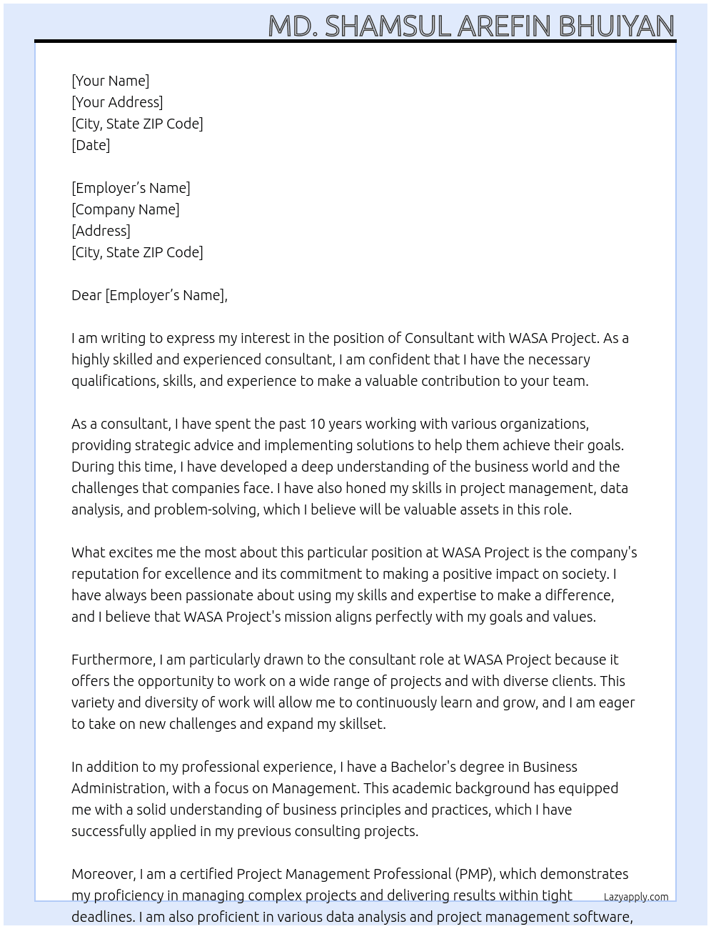 Consultant At WASA Project Cover Letter
