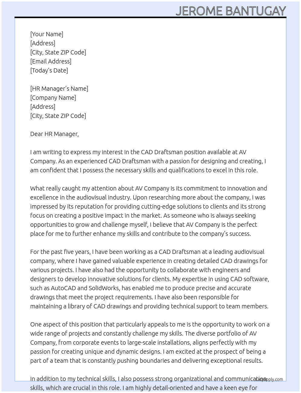 CAD Draftsman At AV Company Cover Letter