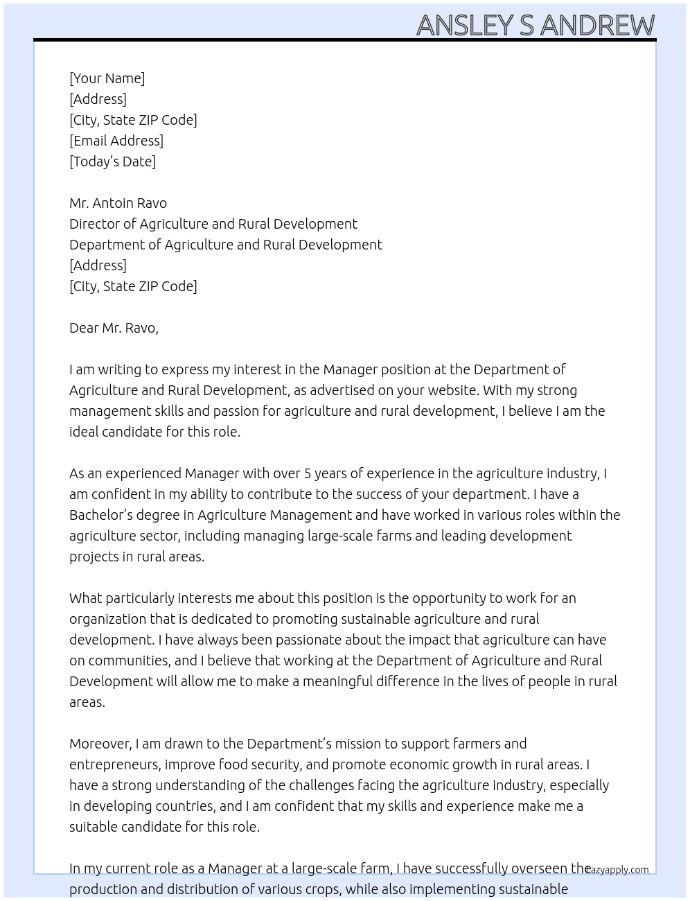 Manager At Department of Agriculture and Rural Development Cover Letter