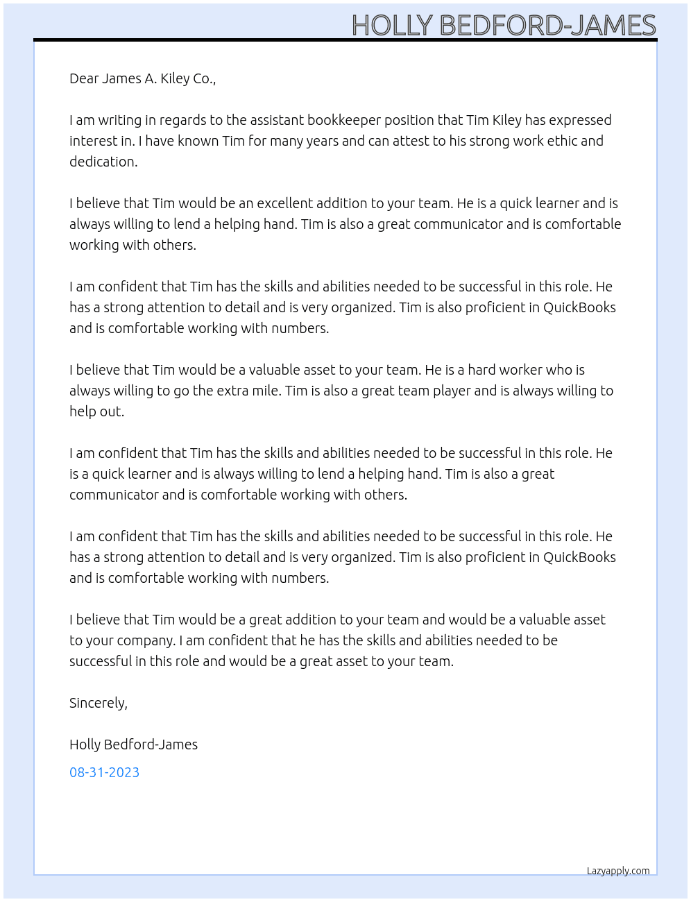 Assistant Bookkeeper At James A. Kiley Co. Cover Letter