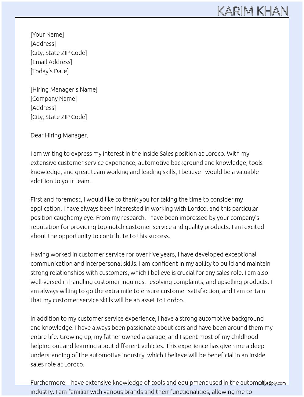 Inside sales  At Lordco Cover Letter