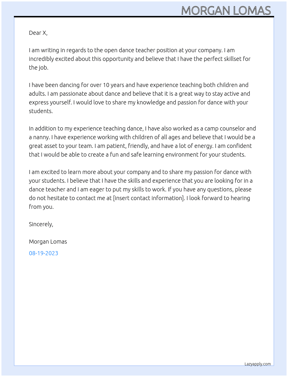 Dance teacher  At X Cover Letter