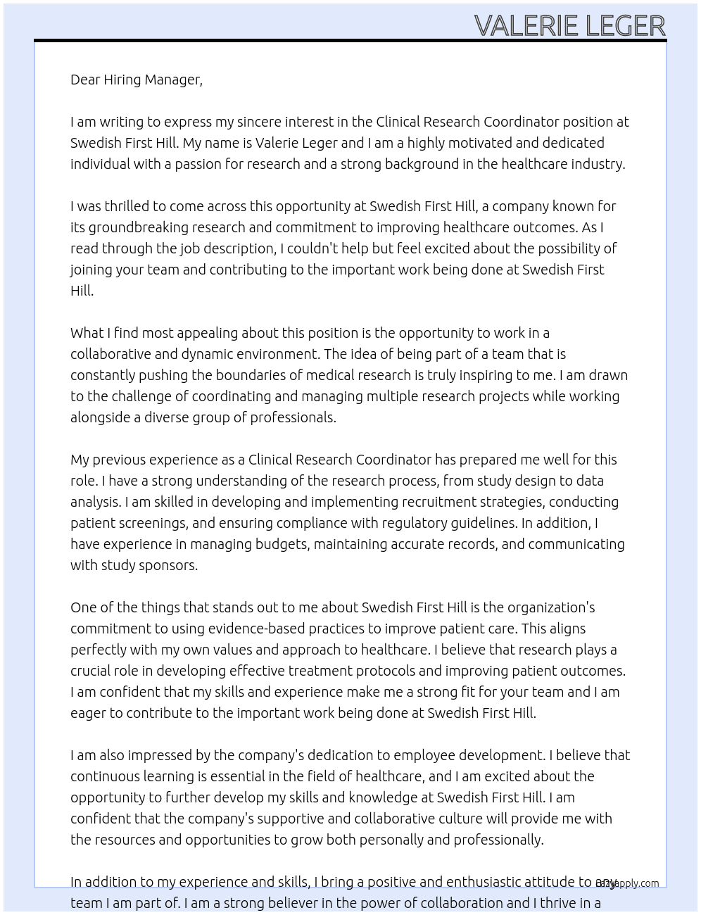 Clinical Research Coordinator At Swedish First Hill Cover Letter
