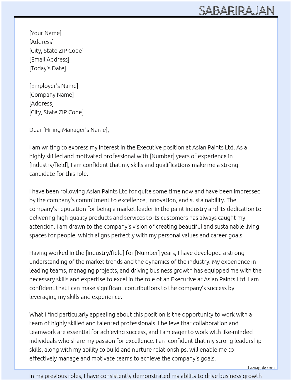 Executive  At Asian paints Ltd  Cover Letter