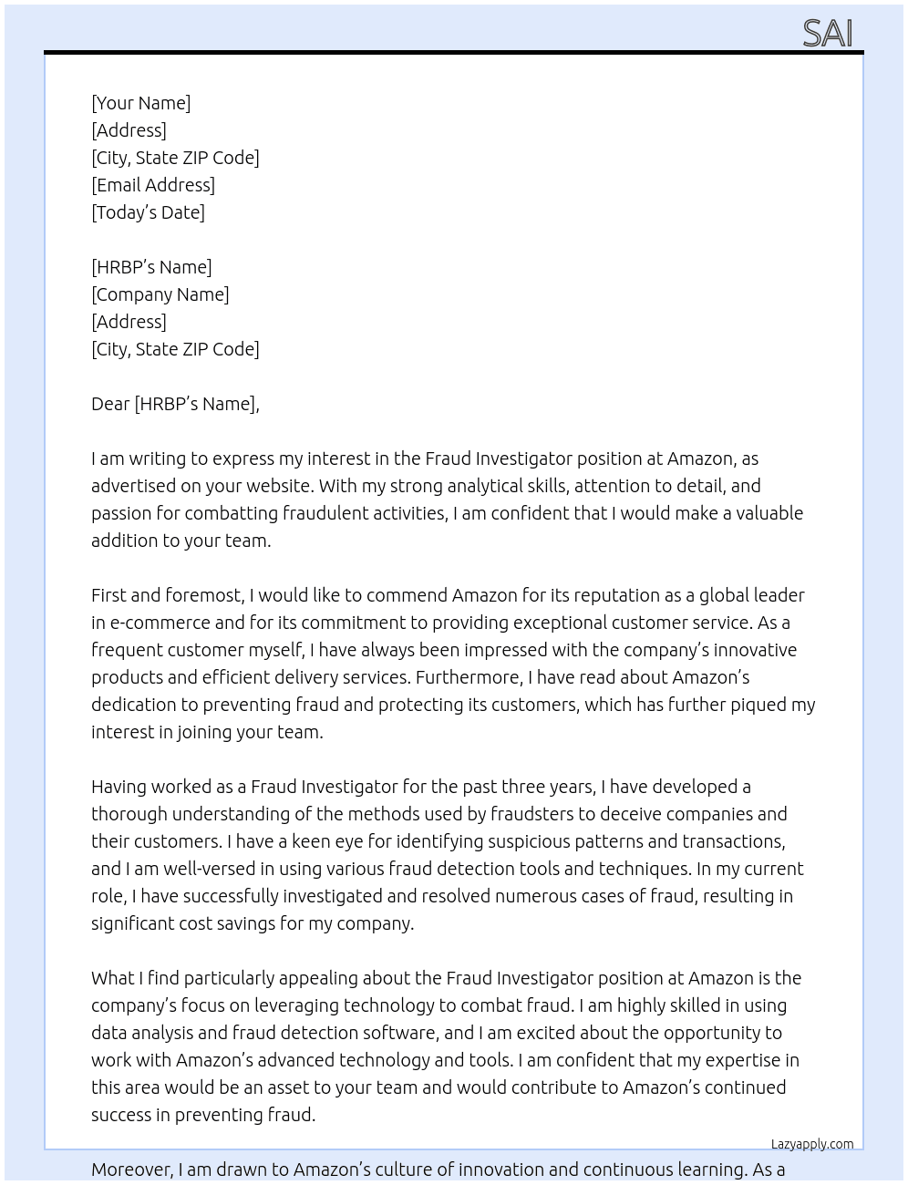 fraud investigator At Amazon Cover Letter