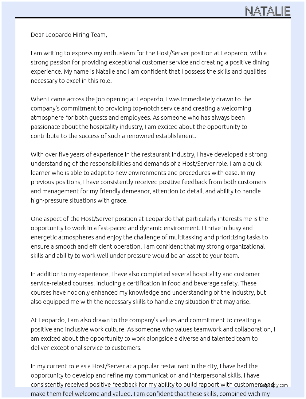 Host/Server At Leopardo Cover Letter