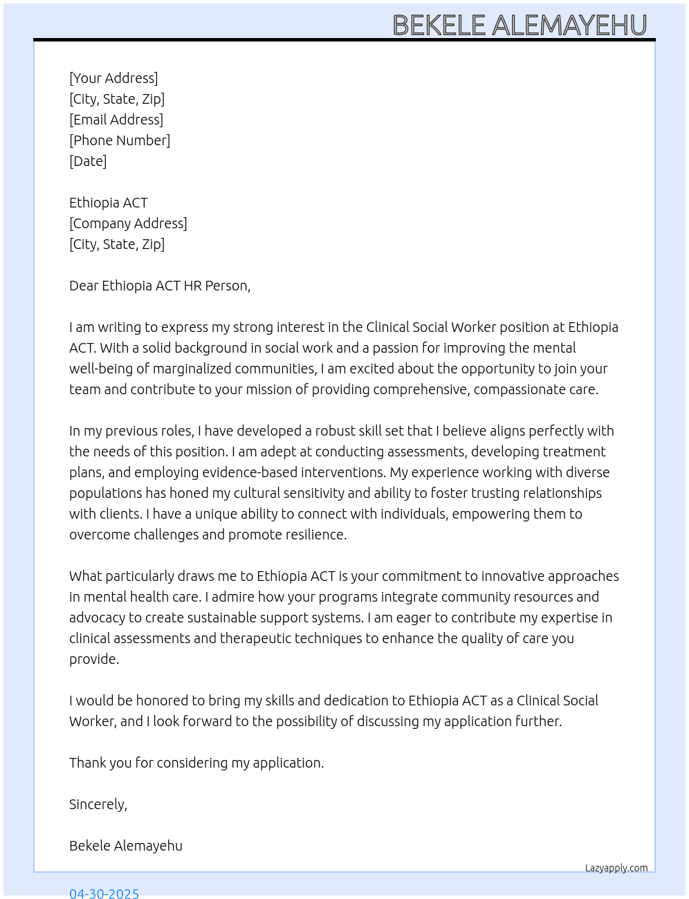 Clinical Social Worker  At Ethiopia ACT Cover Letter