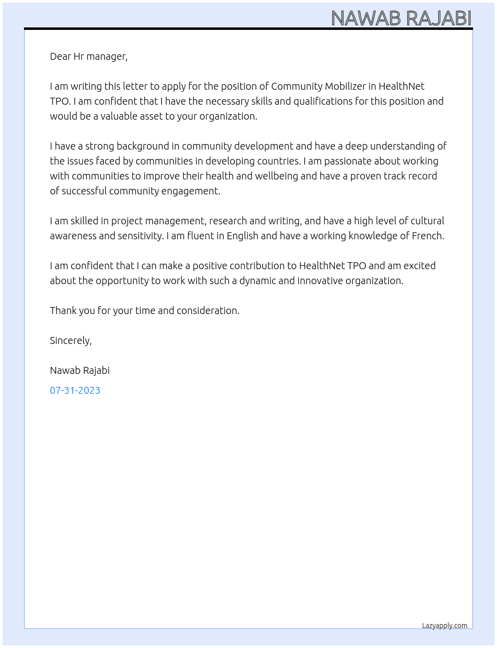 Community Mobilizer At HealthNet TPO Cover Letter