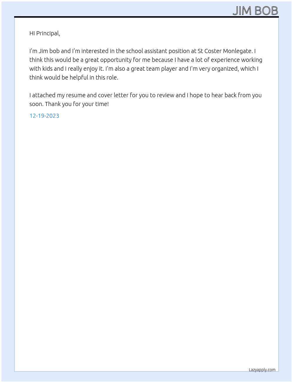 school assistant At St Coster Monlegate Cover Letter