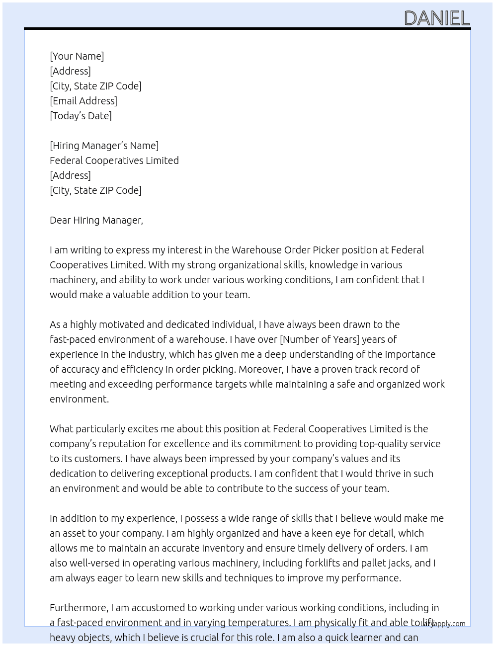 Warehouse Order picker At Federal Cooperatives Limited  Cover Letter