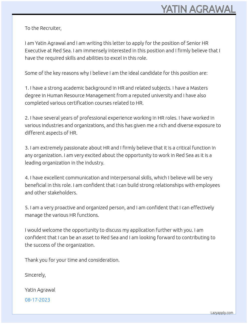 Senior HR Executive At Red Sea Cover Letter