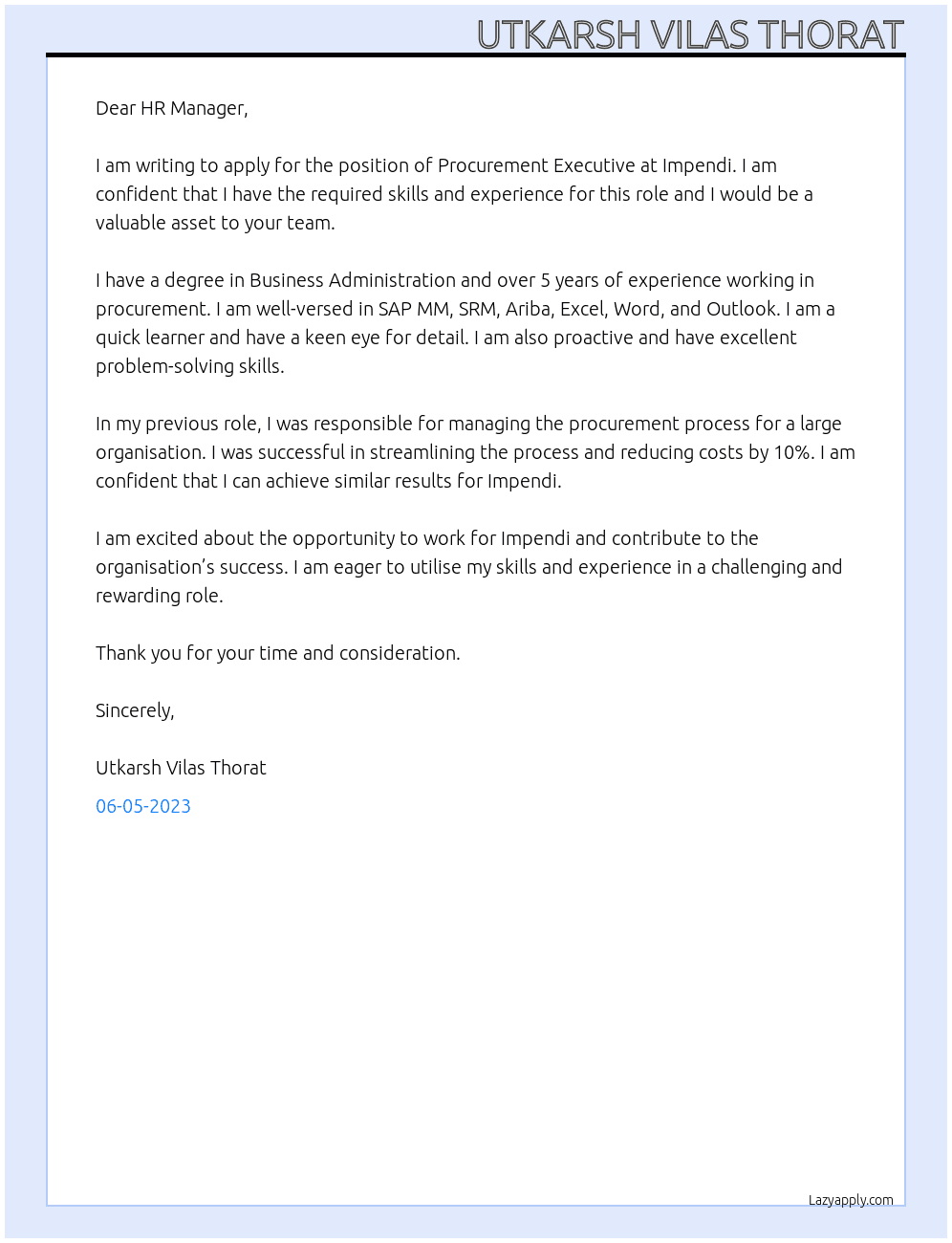 Procurement Executive  At Impendi Cover Letter