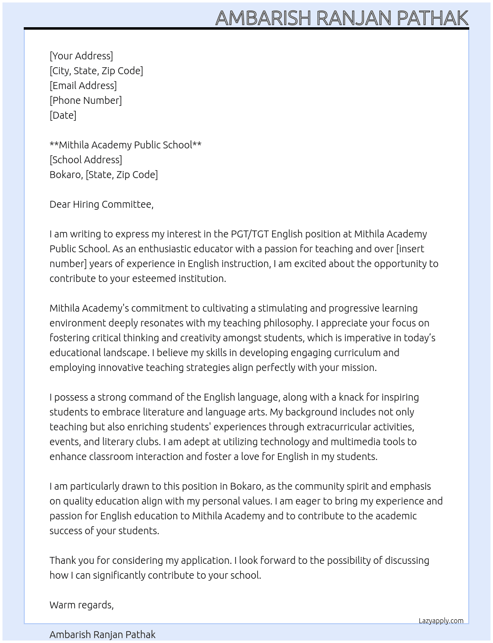 Cover letter for teaching job - LazyApply