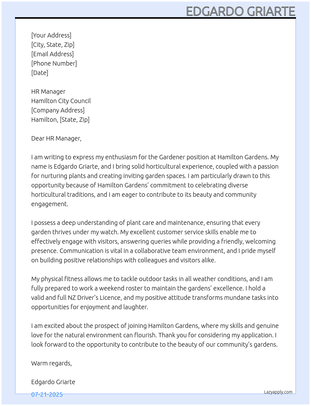 Gardener - Hamilton Gardens At Hamilton City Council Cover Letter
