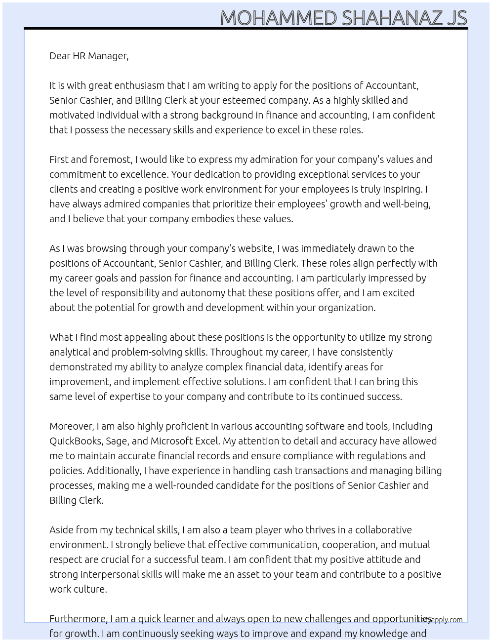 Accountant, Senior Cashier and Billing Clerk At Hr Manager Cover Letter