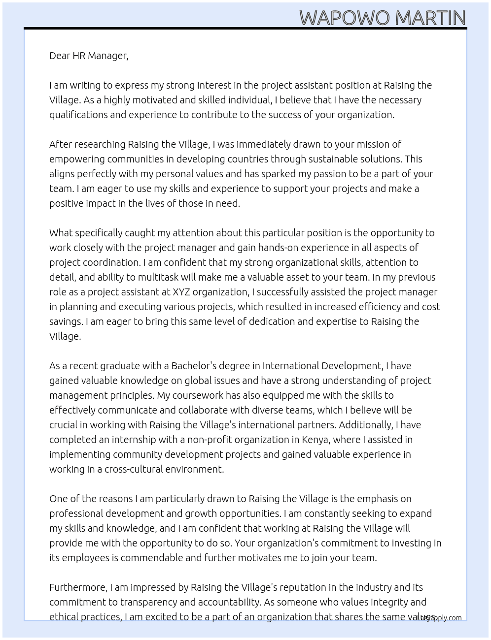 project assistant  At raising the village Cover Letter