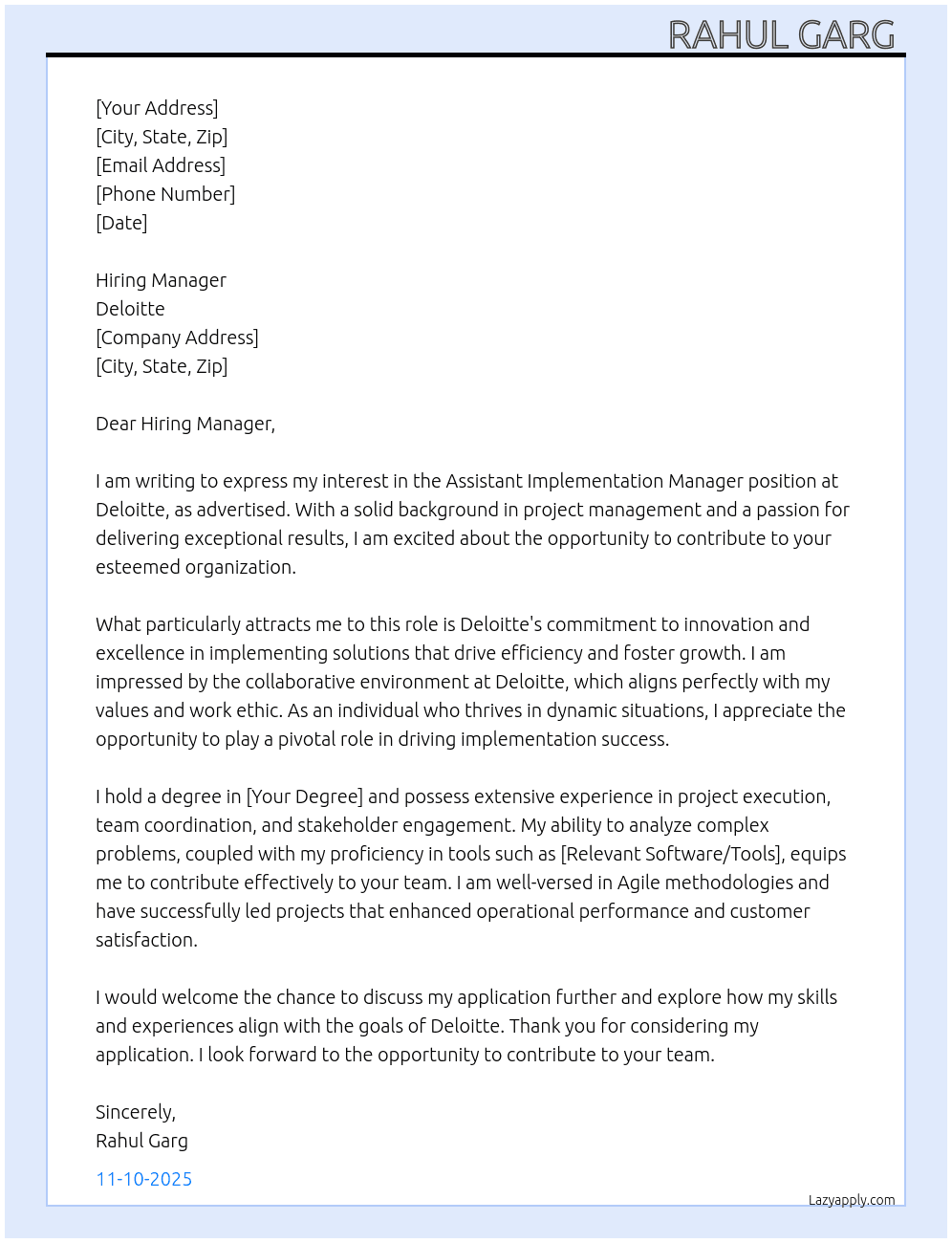 Cover letter for assistant implimentation manager - LazyApply