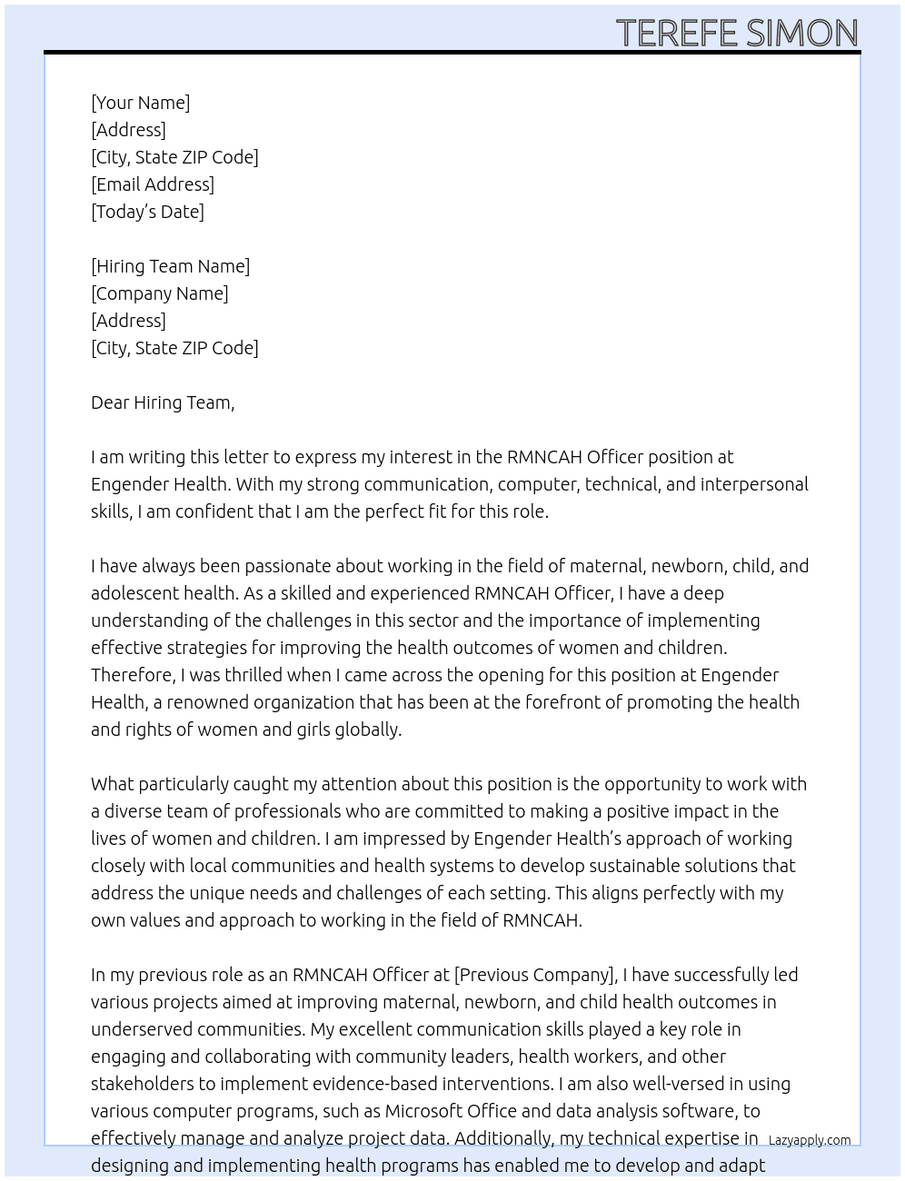 RMNCAH Officer  At Engender Health Cover Letter