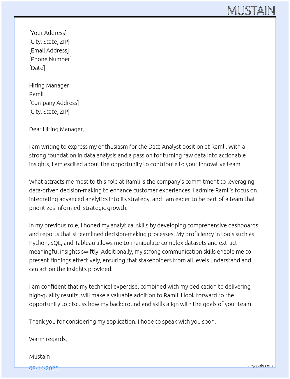 Data Analyst At Ramli Cover Letter