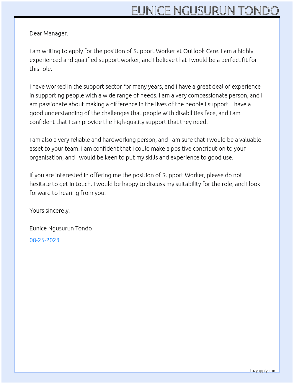 Support Worker At outlook care careers Cover Letter