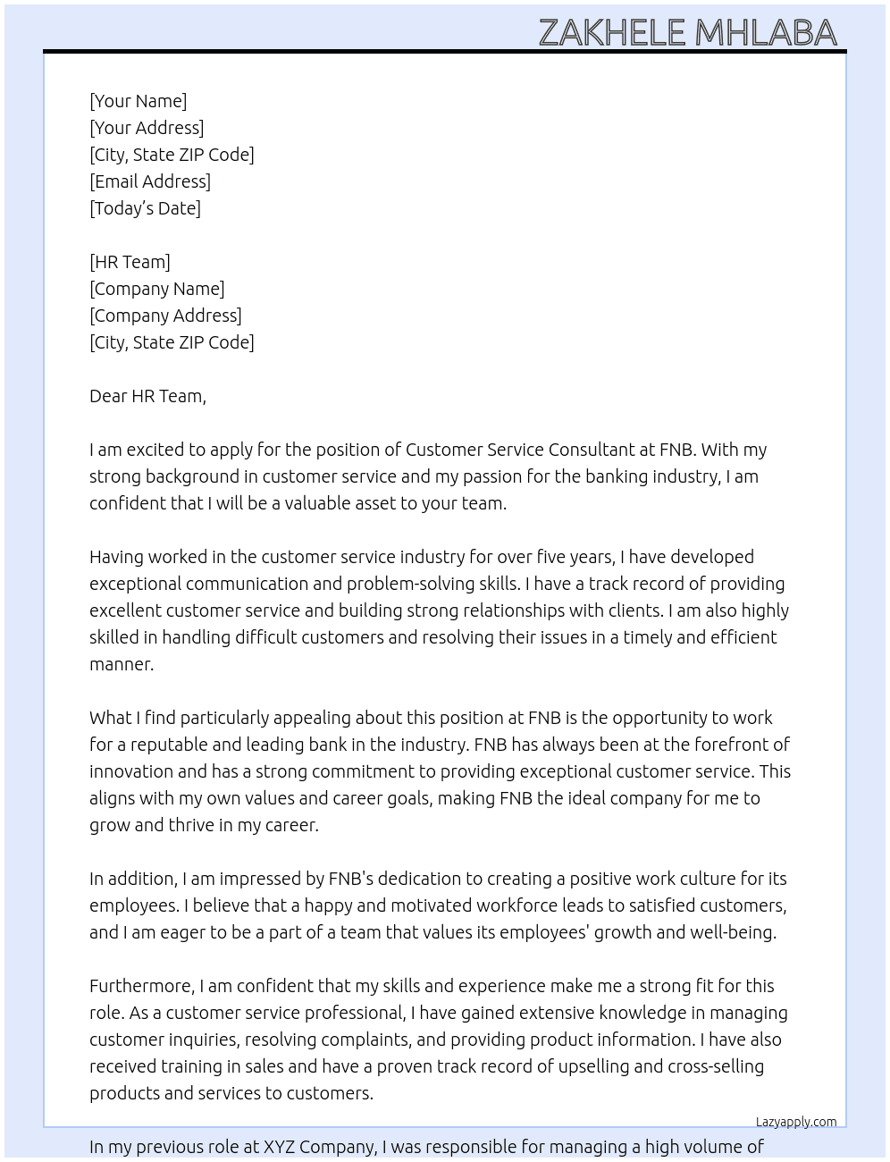 Customer Service Con At FNB  Cover Letter