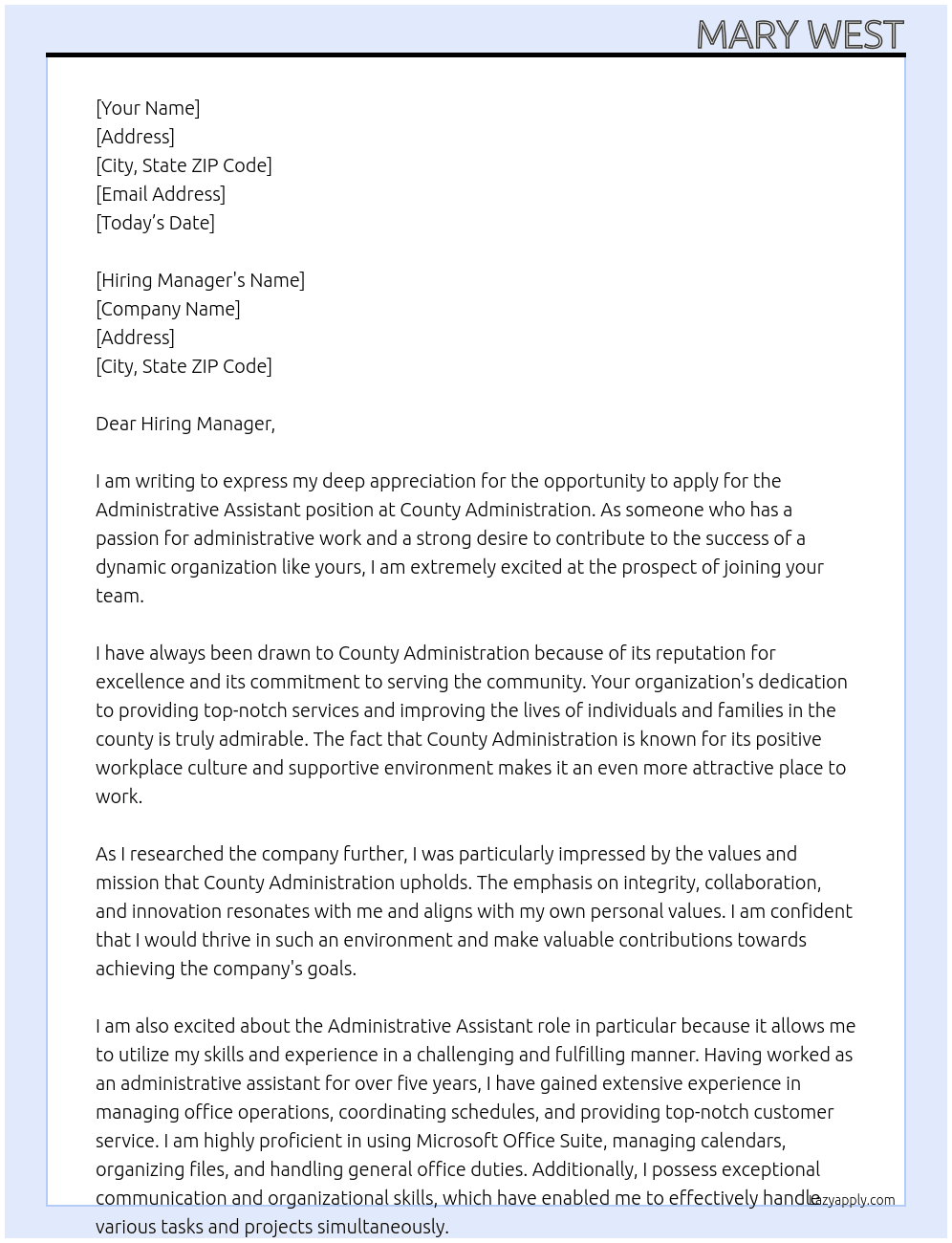Administrative Assistant  At County Administration  Cover Letter